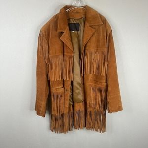 Vintage Euro Men S‎ Fringe Leather Jacket Long Sleeve Terracotta Boho Southwest